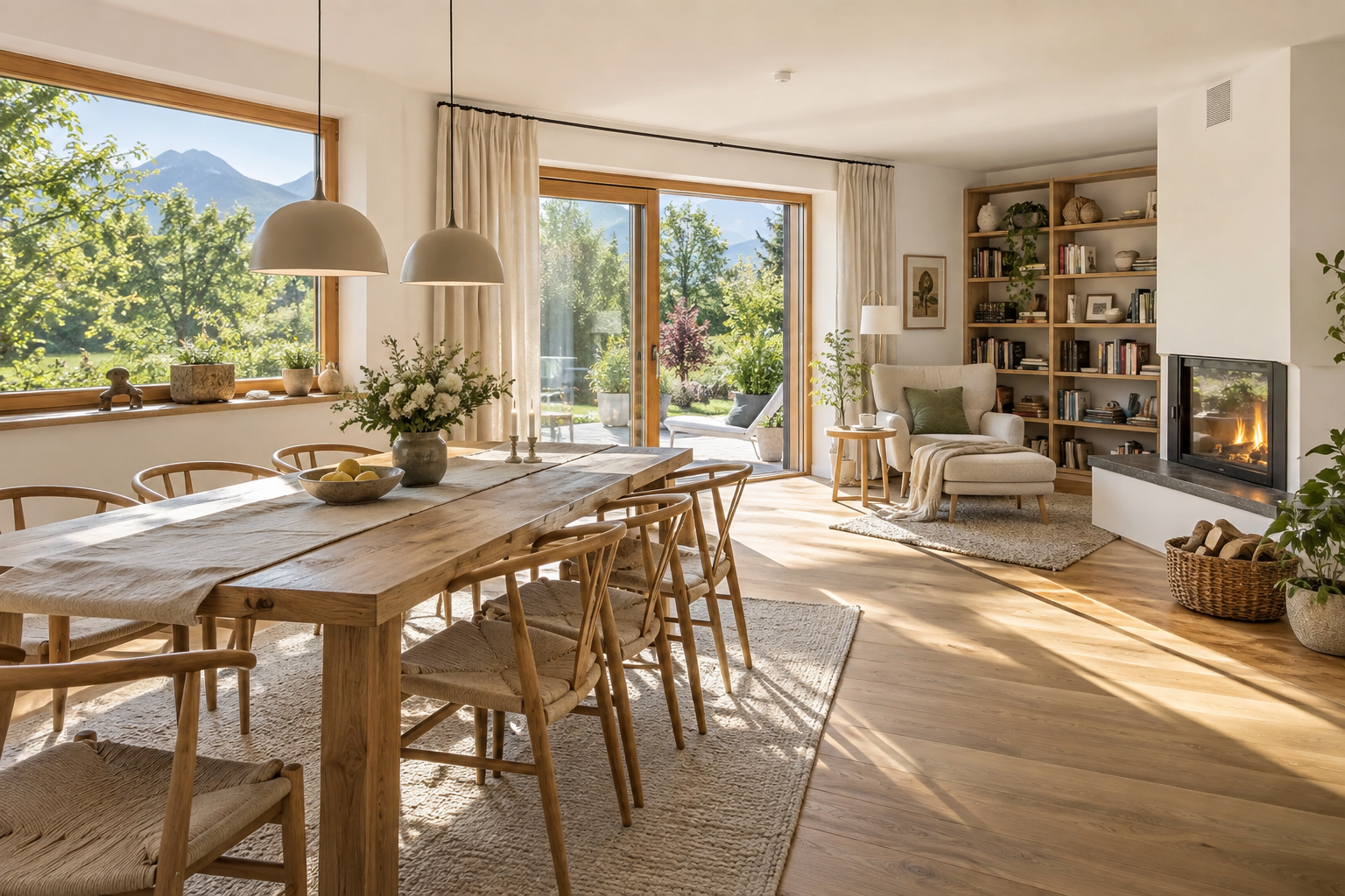 Heller Wohnraum mit langem Tisch und Blick in einen Garten
